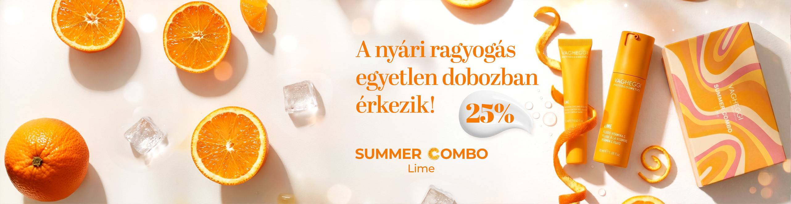 Sötét lila háttéren Pokorny Lia látható az új efficacy booster, intenzív arcápoló kit és aranyszínű csomagolásban található arcápoló Vagheggi 75.25 olajjal.